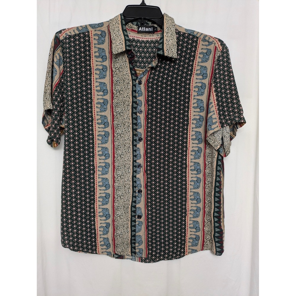 Atlani Mens Large Elephant Geometric Print Rayon Short Sleeve Button Down Shirt